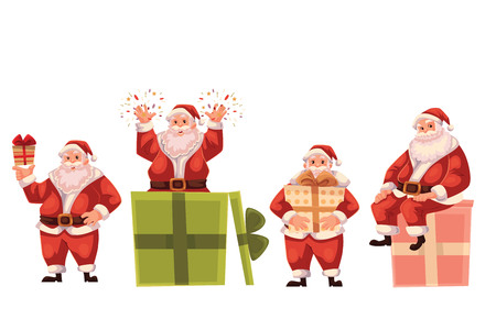 Set of Santa Claus and a box, cartoon style vector illustration isolated on white background. Santa Claus holding a present box, popping out of a box and sitting on a box, Christmas decoration elementのイラスト素材