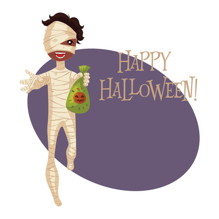 Happy boy dressed as mummy for Halloween, cartoon style vector illustration isolated on white background. Mummy fancy dress idea. Trick or treat Halloween cardのイラスト素材