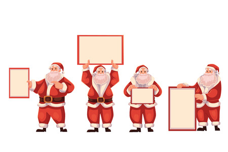 Set of Santa Claus holding a blank board and pointing to it, cartoon style vector illustrations isolated on white background. Santa Claus showing, pointing and rising empty board, Christmas decorationのイラスト素材