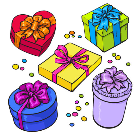 Set of colorful gift boxes with bows and ribbons, cartoon style vector illustration isolated on white background. Xmas, birthday, Valentine presents, gifts, surprises, decoration elementsのイラスト素材