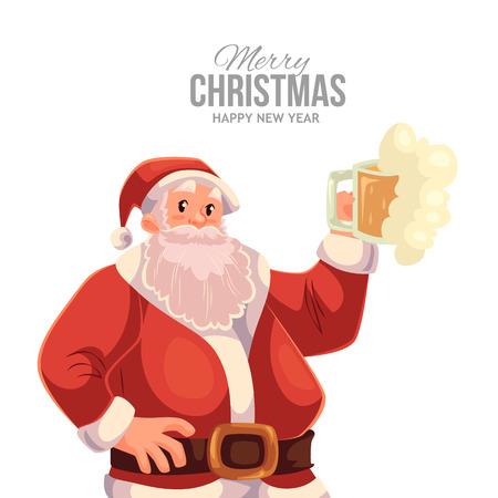 Cartoon style Santa Claus raising a beer glass, Christmas vector greeting card. Half length portrait of Santa with a glass of beer, greeting card template for Christmas eveのイラスト素材