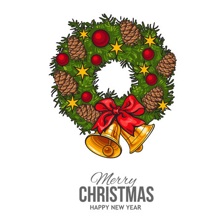 Green cartoon style Christmas wreath with decorations, vector greeting card. Traditional Xmas wreath decorated with pine cones, bells and red ribbon, Christmas greeting card templateのイラスト素材