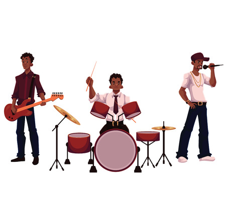Set of handsome African male singer, drummer and guitar player, cartoon vector illustration isolated on white background. Set of full height portraits of African American male musiciansのイラスト素材