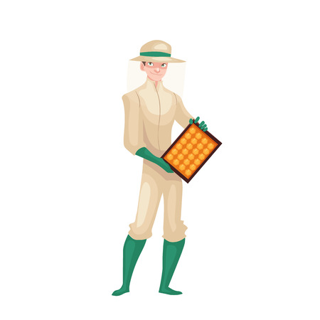 Beekeeper in protective gear holding honeycomb grid, cartoon style vector illustration isolated on white background. Apiarist in protective suit working at the apiaryのイラスト素材