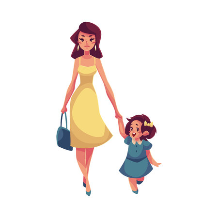Mother and daughter walking together, cartoon vector illustrations isolated on white background. Young beautiful mom holding her daughter hand and walking together, happy family conceptのイラスト素材