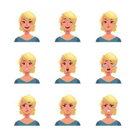 Girl face expression, set of cartoon vector illustrations isolated on white background. Blond woman emoji face icons, symbols of human expressions, set of female avatars with different emotionsのイラスト素材