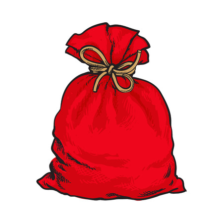 Red Santa Claus bag full of presents, sketch style vector illustration isolated on white background. Traditional red Christmas sack, decoration elementのイラスト素材