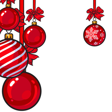 Red Christmas balls with red ribbon and bows, sketch style vector template for greeting card. Frame or border of hanging red Christmas decoration balls - solid, striped and with a snowflake ornamentのイラスト素材