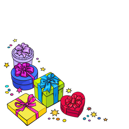 Colorful round frame of gift and present boxes with bows and ribbons, sketch style greeting card, banner template. Round frame made of Xmas, birthday, Valentine presents, gifts, decoration elementsのイラスト素材