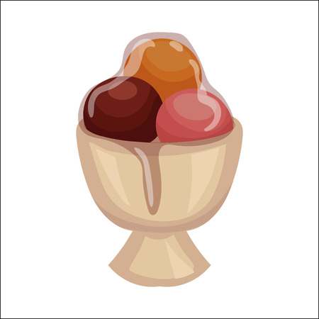 Three ice cream scoops in porcelain bowl, cartoon vector illustration isolated on white background. Vanilla, strawberry and chocolate ice cream under glaze, yummy refreshing dessertのイラスト素材