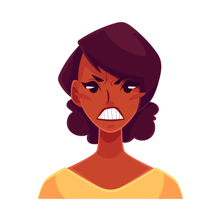 Pretty African girl, angry facial expression, cartoon vector illustrations isolated on white background. Black woman frowns, feeling distresses, frustrated, sullen, upset. Angry face expressionのイラスト素材