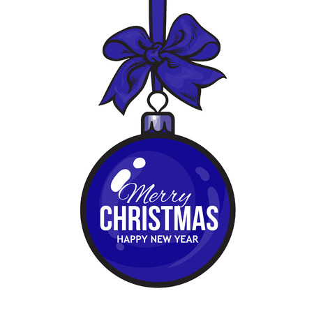 Christmas ball with blue ribbon and bow, vector greeting card template with white background. Shiny Christmas decoration ball of solid blue color, greeting card template for Christmas and New Year Eveのイラスト素材