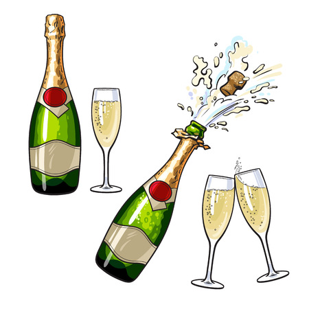 Champagne bottle and glasses, set of cartoon vector illustrations isolated on white background. Closed and open champagne bottle and glasses, holiday toast, cork jumping out with explosionのイラスト素材