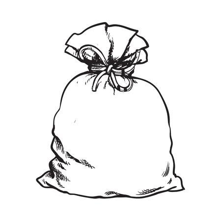 Red Santa Claus bag full of presents, sketch style vector illustration isolated on white background. Traditional Christmas sack, decoration elementのイラスト素材