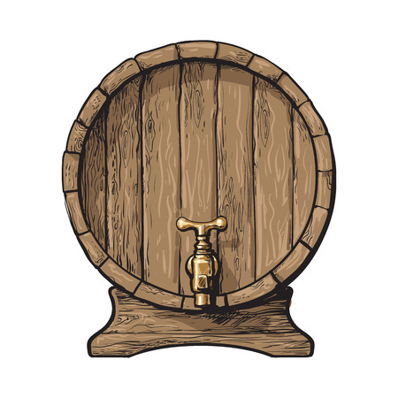 Wooden barrel with tap, sketch style vector illustrations isolated on white background. Front view of wine, rum, beer classical wooden barrel with a tapのイラスト素材