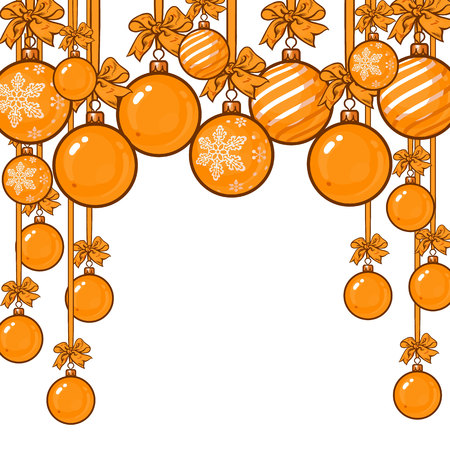 Gold Christmas balls with gold ribbon and bows, sketch style vector template for greeting card. Frame or border of hanging blue Christmas decoration balls - solid, striped and with snowflake ornamentのイラスト素材