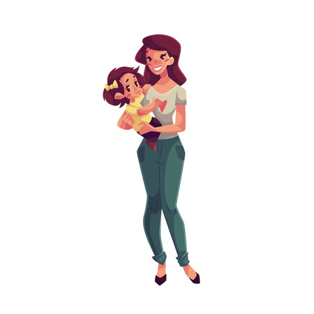 Happy mother holding her daughter in hands, cartoon vector illustrations isolated on white background. Pretty young smiling woman with little daughter in her hands, happy family conceptのイラスト素材