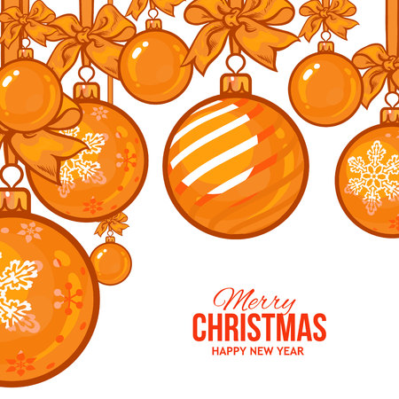 Gold Christmas balls with ribbon and bows, vector greeting card template. Set of gold Christmas decoration balls, solid, striped and with a snowflake, New Year greeting card templateのイラスト素材