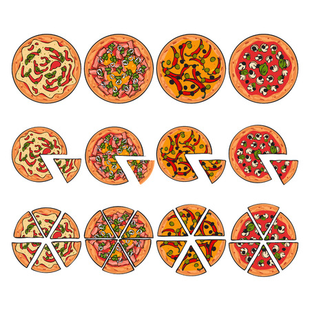 Four types of pizza, whole and sliced into pieces, sketch style vector illustration isolated on white background. Traditional Italian pizza with cheese, chili pepper, bacon and mushroomsのイラスト素材