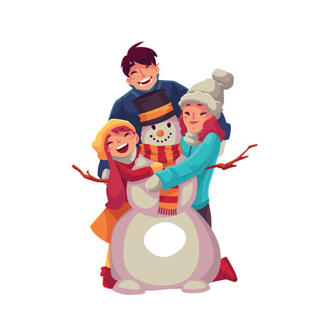 Family portrait of father, mother and daughter making snowman and hugging each other, cartoon vector illustration isolated on white background. Cheerful, happy family in winter clothes with a snowmanのイラスト素材