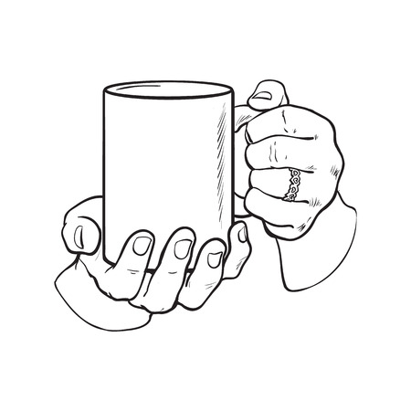 well groomed female hand holding a cup with tea or coffee, sketch style vector illustration isolated on white background. Realistic drawing of beautiful hand holding a mug with a hot beverageのイラスト素材