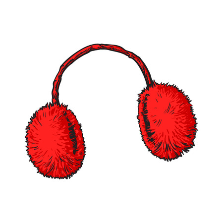 Bright red fluffy fur ear muffs, sketch style vector illustrations isolated on white background. Hand drawn fluffy ear warmers, ear muffs made of fur, winter accessoryのイラスト素材