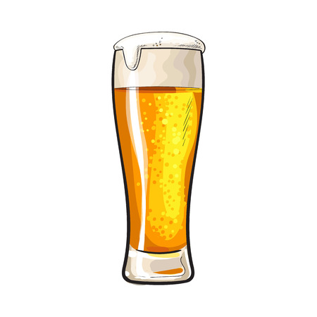 High glass of cold beer with foam and bubbles, sketch style vector illustration isolated on white background. Hand drawn frosty glass of ice cold golden beer, lager, ale, Oktoberfest symbolのイラスト素材