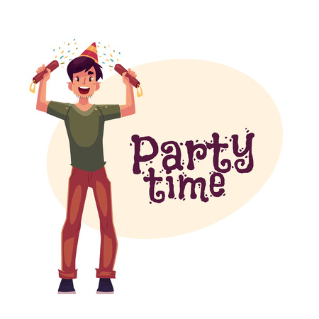 Man in birthday hat with party poppers in hands, birthday party invitation, banner vector template. Greeting card, poster, banner design for birthday party with a man popping partyのイラスト素材