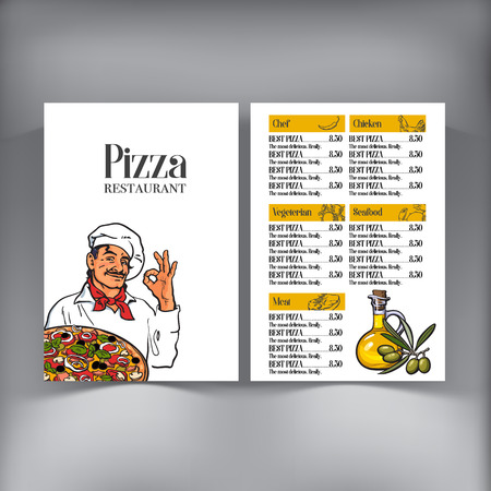 Italian chef pizza menu design, vector template with sketch style illustrations. Pizza cafe, restaurant menu design with Italian chef serving freshly baked pizza, and olive oilのイラスト素材