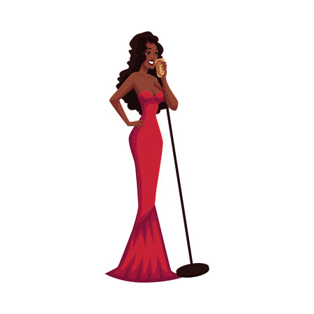 Glamorous African American female singer, cartoon vector illustration isolated on white background. Full height portrait of posh black woman in red evening dress singing to a microphoneのイラスト素材