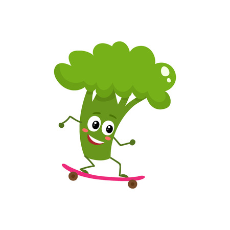 Happy ripe broccoli riding a skate, cartoon vector illustration isolated on white background. Cute funny broccoli character riding a skateboard, doing sport, fitness motivation for kidsのイラスト素材