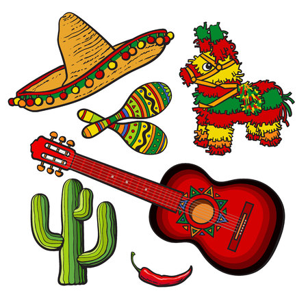 Mexican set - sombrero, pinata, maraca, tequila cactus, chili and spanish guitar, sketch vector illustration isolated on white background. Mexican sombrero, rumba shakers, ornamented pinata, cactusのイラスト素材