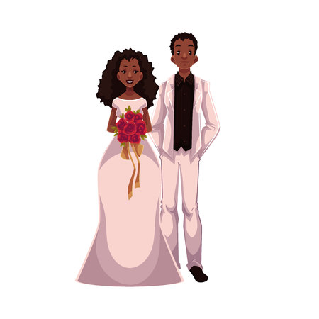 African American just married couple, bride and groom, cartoon vector illustration isolated on white background. Black bride and groom in fashionable clothing getting marriedのイラスト素材