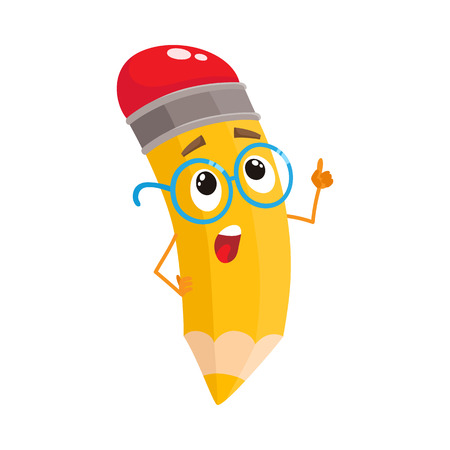 Yellow cartoon pencil in glasses telling something clever and pointing finger up, vector illustration isolated on white background. Humanized funny pencil teacher in large nerdy glassesのイラスト素材