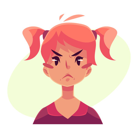 Teen girl face, angry facial expression, cartoon vector illustrations isolated on yellow background. Red-haired girl emoji face, feeling distressed, frustrated, sullen, upset. Angry face expressionのイラスト素材