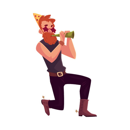 Young hipster in star glasses and cowboy boots standing on one knee and blowing into birthday horn, cartoon vector illustration isolated on white background. Young red haired man at birthday partyのイラスト素材