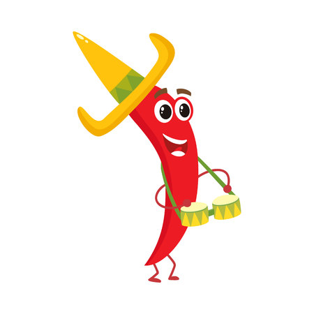 Smiling chili pepper in Mexican sombrero playing music on bongo drums, cartoon vector illustration isolated on white background. Humanized chili playing drums in wide brimmed sombreroのイラスト素材