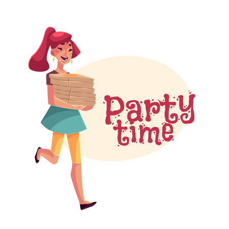Young beautiful girl hurrying to party with a stack of pizza boxes, cartoon vector illustration isolated on white background. Greeting card, poster, banner design for birthday party with pizza boxesのイラスト素材