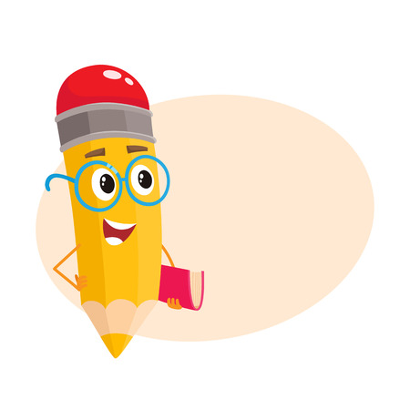 Yellow cartoon pencil in glasses telling something clever and pointing finger up, vector illustration isolated on beige background for the text. Humanized funny pencil teacher in large nerdy glassesのイラスト素材