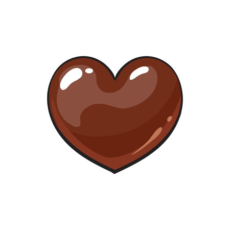 Heart shaped dark chocolate candy, sketch style vector illustration isolated on white background. Candy, bonbon, praline covered with milk or dark chocolate, appetizing shiny hand drawn dessertのイラスト素材