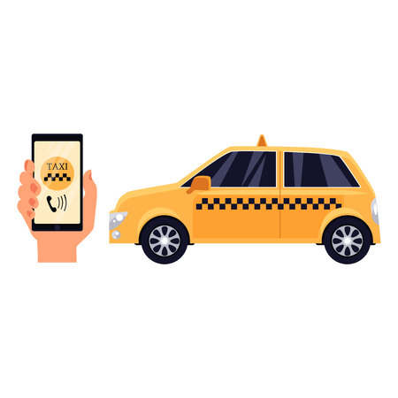 Hand holding phone with taxi calling app and a yellow taxi, cartoon vector illustrations isolated on white background. Calling taxi service by phone conceptのイラスト素材