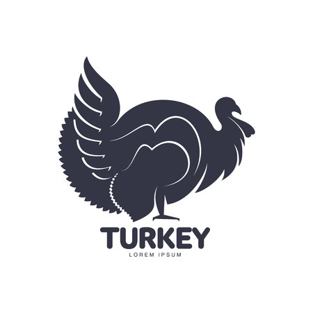 Stylized turkey silhouette graphic  template, vector illustration on white background. Black and white decorated, sophisticated turkey for business, farm, poultry  designのイラスト素材