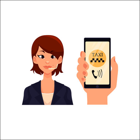 Female call center operator and hand holding smartphone with taxi calling app, cartoon illustration isolated on white background. Female taxi service operator and smartphone applicationのイラスト素材