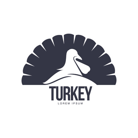 Stylized simplified turkey silhouette graphic  template, vector illustration on white background. Black and white front view simplified turkey for business, farm, poultry  designのイラスト素材