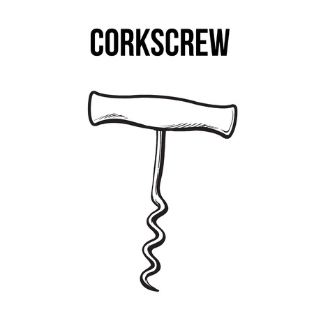 Old fashioned corkscrew with a metal spiral and wooden handle, sketch style vector illustration isolated on white background. Retro style stainless steel corkscrew or bottle openerのイラスト素材