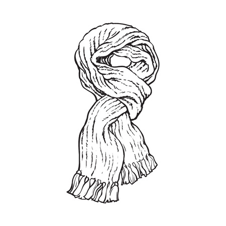 Bright slip knotted winter knitted scarf with tassels, sketch style vector illustrations isolated on white background. Hand drawn fluffy woolen scarf tied in slip knot, winter accessoryのイラスト素材