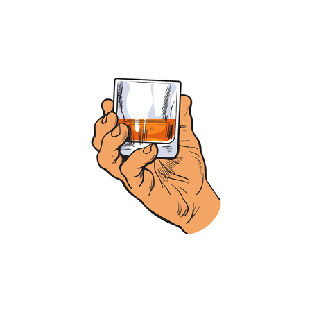 Hand holding full glass of whiskey, sketch style vector illustration isolated on white background. Hand drawing of a male hand with a shot of rum, whiskey, cognac, time to drink conceptのイラスト素材