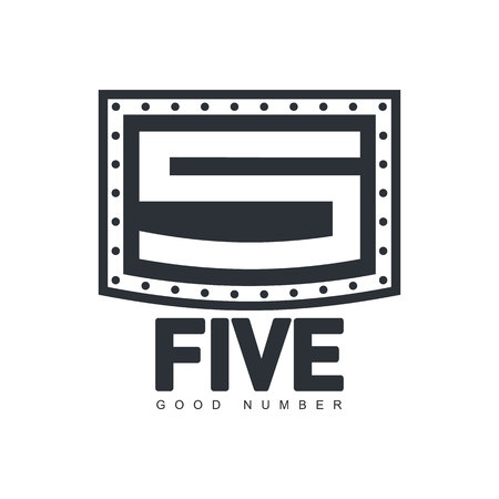 Black and white number five  template in form of metal plate fixed by screw, vector illustration isolated on white background. Black and white number five broadcasting, television graphicのイラスト素材