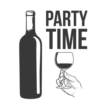 Red wine bottle and hand holding a glass, sketch style vector illustration isolated. Realistic hand drawing of an unlabeled, unopened wine bottle, party time concept for posters, postcardsのイラスト素材