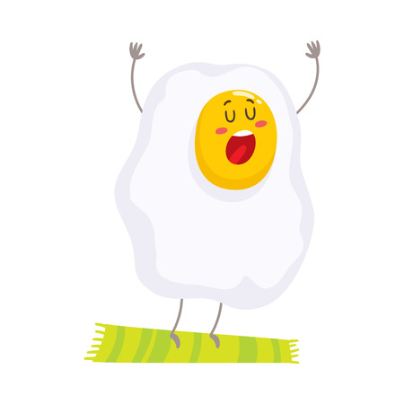 Cute and funny singing fried egg character, colorful cartoon vector illustration isolated on white background. Funny fried egg with face, arms and legs doing morning exercises on a green mayのイラスト素材